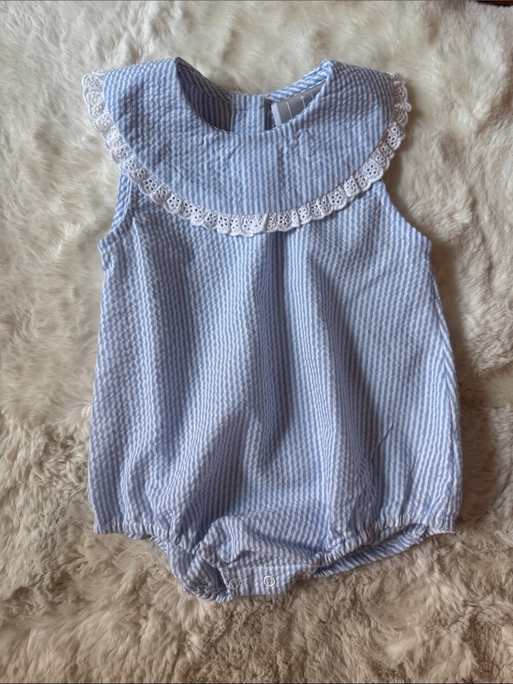 Blue & White Striped Seersucker Baby One-Piece with Lace Collar